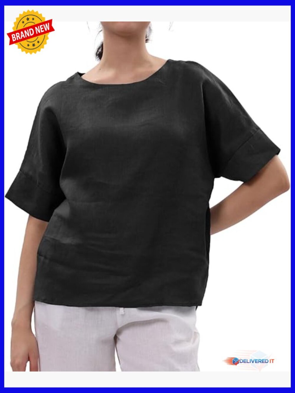 100% Linen Tops Crewneck Short Sleeve Blouses Casual Summer